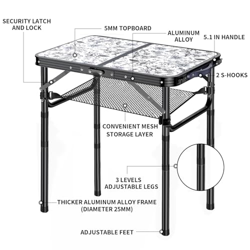 Outdoor Side Table, Portable 3 Adjustable Height Small Outdoor Folding Table, Aluminum Foldable Patio Side Tables for Outside Indoor, Plant Stand Coffee End Table for Pool, Porch,Garden, Balcony - color: Toile De Jouy