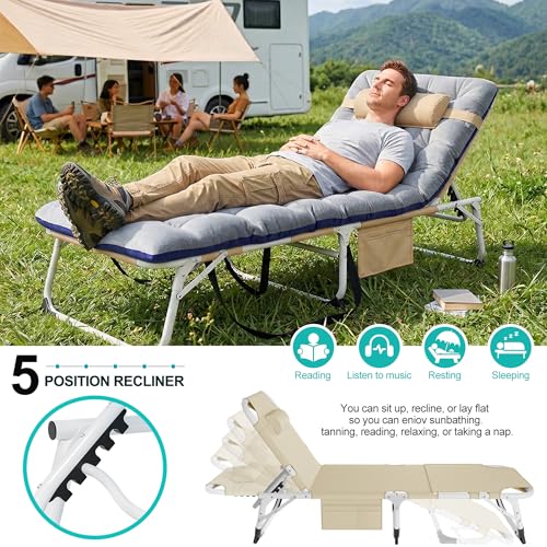ABORON 4-in-1 Lounge Chair with Face & Arm Holes for Tanning, 440LB Heavy-Duty Folding Recliner with Plush Cotton Cushion, No Assembly Tri-Fold Guest Bed for Sunbathing, Poolside, Office Nap & Camping - color: Beige Khaki Standard