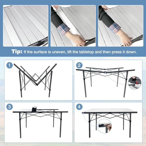 29.9" Tall Folding Camping Table for 2-6 Person, 54.7" Large Aluminum Foldable Roll-up Table Outdoor with Carry Bag for Picnic, Camp, Sturdy, Backyard, Patio - color: Silver