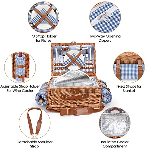 Picnic Baskets for 2, Picnic Basket with Waterproof Blanket, Picnic Basket Set with Washable Beach Mat & Large Insulated Cooler Compartment, Handmade Natural Wicker Hamper for Camping, Outdoor Party - style: BlueCheck-2P