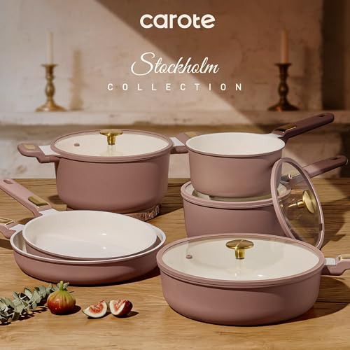 CAROTE Ceramic Cookware Set, Pots and Pans Set Non stick, 14-Piece Induction Cookware, Non toxic Healthy Non Stick Kitchen Cooking Set, with Frying Pans Set,Large Capacity Soup Pot - color: Purple