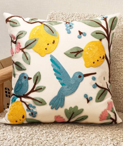 Embroidered Throw Pillow Cover 18x18 Inch - Spring Summer Boho Decorative Pillow Cover with Zipper for Living Room Couch Sofa Bed Aesthetic Design Bird Lemon Cushion Pillowcase - color: Bird Lemon, size: 18" x 18" (Pack of 1)