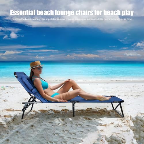 Patio Lounge Chair Reclining Folding Chaise for Indoor Outdoor Adjustable Portable Chair Removable Pillow, Sunbathing Chair for Patio, Poolside, Lawn, Beach (Blue) - color: Blue