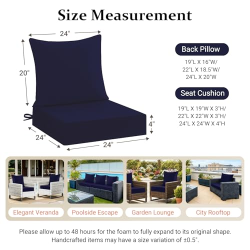 downluxe 24x24 Outdoor Chair Cushions, Waterproof Fade Resistant Patio Furniture Cushions with Handle & Removable Cover, Deep Seat Outdoor Cushions for Sofa, Couch and Patio Chairs, Navy - color: Navy, size: 24 x 24 Inch