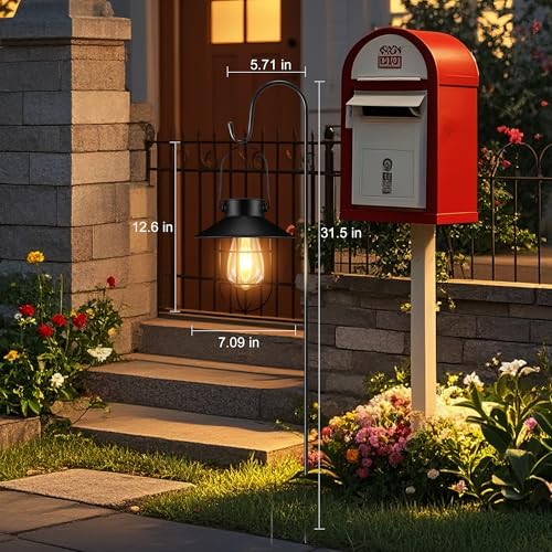 pearlstar 2 Pack Solar Lights Outdoor, Hanging Solar Lanterns with Edison Bulb and 2 x 32 Inch Shepherd Hooks, Waterproof Landscape Lighting for Garden Patio Yard Pathway Driveway Lawn (Black) - style: Black Lanterns