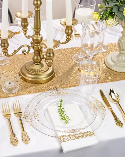 Nervure 350PCS Clear Gold Plastic Plates - Gold Plastic Dinnerware Sets for 50 Guests - 100 Disposable Plates, 150 Silverware, 50 Cups, 50 Napkins for Wedding & Party - color: Clear and Gold