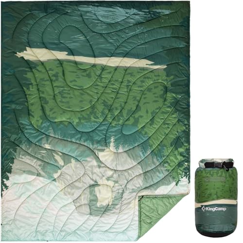 KingCamp Ultralight Camping Blanket, Packable Down Alternative Puffy Printed Wearable Blanket with Snap Buttons & Corner Loops Weatherproof Quilt for Outdoor Travel Stadium (78.7"L x 57.1"W, GREEN) - color: Scenictrail-green, size: 79" x 57"