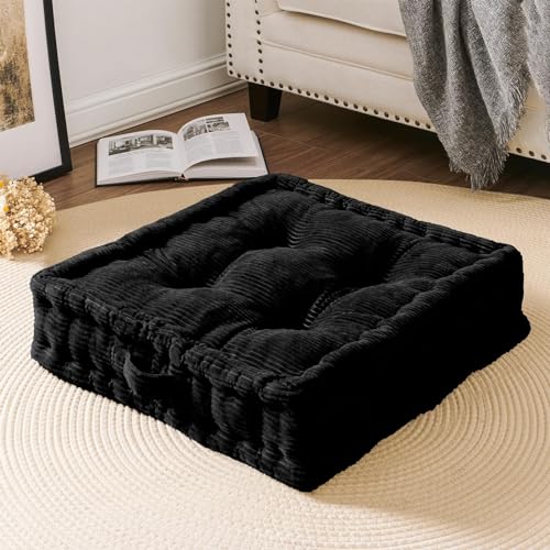 Wellsin Square Floor Pillows for Adults Kids - Meditation Floor Pillow Seating Cushion - Tufted Floor Cushion with Shredded Foam & Velvet Cover, 2 Pack, 20x20 Inch, Black - color: Black, size: 2 Pack (20"x20")