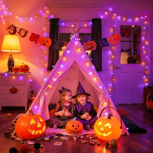 JMEXSUSS 600 LED Halloween String Lights Outdoor, Orange and Purple Halloween Lights Clear Wire, Twinkle String Lights Plug in for Tree Christmas Decorations - color: Orange and Purple, size: 600 LED
