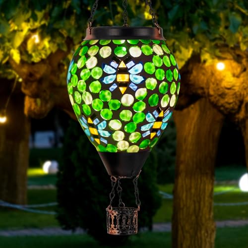 Bee Solar Hot Air Balloon Lantern Outdoor Waterproof, Green Mosaic Glass Hanging Solar Lantern Lights, Outdoor Hanging Lights for Patio Yard Garden Gift for Mom Grandma Women - color: A_Green Bees