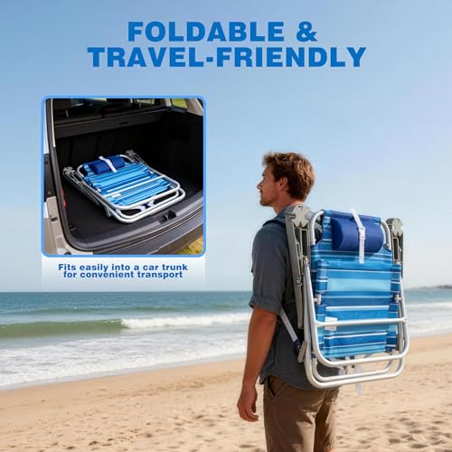 SUNNYFEEL Extra Wide 28" Low Beach Chair 2 Pack 5 Position Lay Flat, XL Oversized Portable Folding Camping Chairs with Cup Holder for Outdoor/Trip, Foldable Backpack Beach Chair for Adults - color: Lightblue Stripe, size: 2-PACK