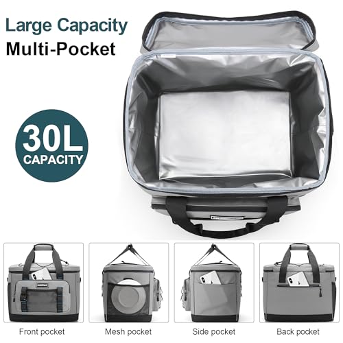 Hulongo Insulated Foldable Collapsible Cooler Bag Soft Sided Cooler for Picnic, Camping, Grocery Shopping, Beach, 30L - color: gray