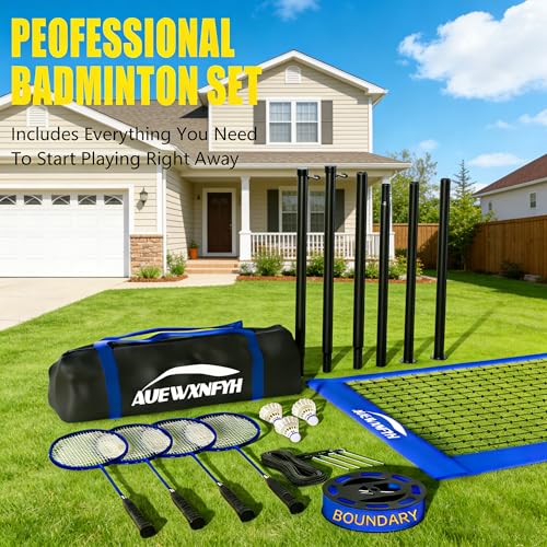Backyard Badminton Set: Portable Outdoor Net with 4 Performance Rackets, 3 Shuttlecocks & Boundary Line - Complete Heavy-Duty Set for Family Lawn, Grass & Beach Games - color: Blue
