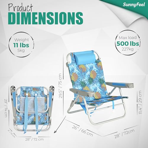 SUNNYFEEL Extra Wide 28" Low Beach Chair 5 Position Lay Flat, XL Oversized Portable Folding Camping Chairs with Cup Holder for Outdoor/Trip, Lightweight Foldable Backpack Beach Chair for Adults - color: Blue Pineapple, size: 1-PACK