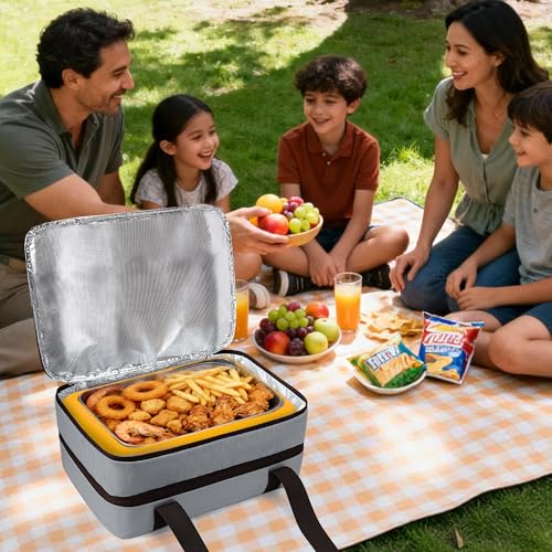 Trunab Insulated Casserole Carrier for Hot or Cold Food, Double Thermal Food Containers, Fit 9x13 Inches Baking Dish Foil Pans, For Picnic Cookouts, Potluck Parties, Beach,Beige (Grey) - color: Gray