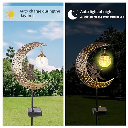 Solar Garden Lights Outdoor Decor,Moon Fairy Crackle Glass Lights,Waterproof Warm White LED Metal Stake Ornament,for Walkway Backyard Patio Lawn Pathway Decorations-Unique Gift Ideas for Gardening - color: Bronze Moon Fairy