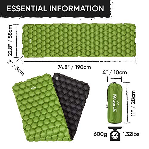 POWERLIX Ultralight Inflatable Camping Sleeping Pad - Camping Mattress Sleeping Mat for Backpacking, Hiking, Compact Lightweight Sleeping Pad for Camping, Inflation Bag/Repair Kit Included - color: Green & Black