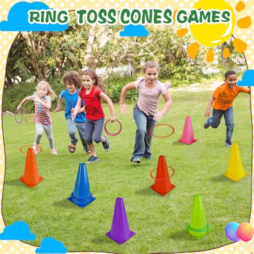 3-in-1 Ring Toss Game Set with Cones, Bean Bags and Rings, 34 Pieces, Multicolor Plastic Carnival Games for Kids Birthday and Family Party, Outdoor Yard Game