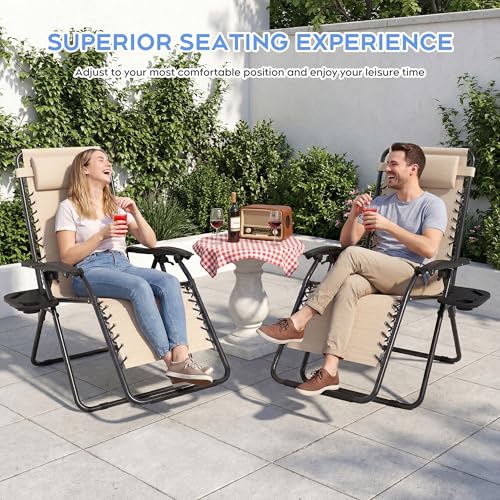Set of 2 Adjustable Zero Gravity Lounge Chairs Outdoor Recliner w/Cup Holder Tray & Removable Pillows, Ergonomic Reclining Chair for Camping Patio Lawn Balcony (Beige-Brown) - color: Beige-brown