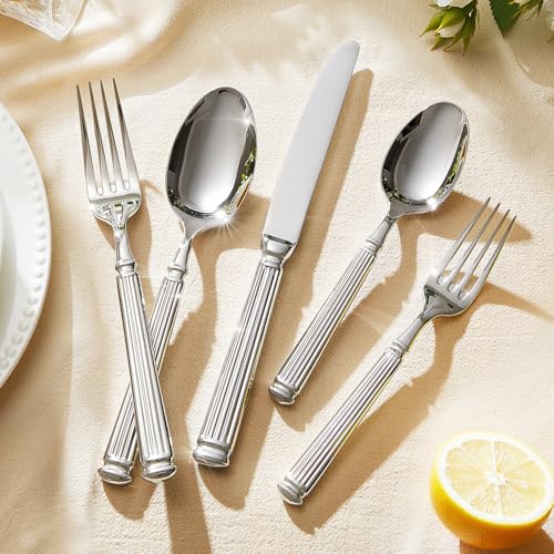 KINGSTONE Silverware Set, 30-Piece 18/10 Stainless Steel Flatware Set - Roman Column Embossed Thick Handle, for Wedding, Home, Restaurant, Kitchen and Party, Mirror Polish & Dishwasher Safe - size: 30-Piece