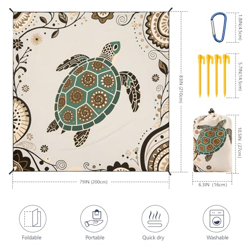 WIWIGO Beach Blanket Waterproof Sandproof Beach Mat 79" X 83"/10'x9'for 2-8 Adults Quick Drying Outdoor Picnic Mat Beach Accessories for Travel, Camping, Hiking - color: Beige Sea Turtle - Mandala, size: 79" X 83"（1-4person）