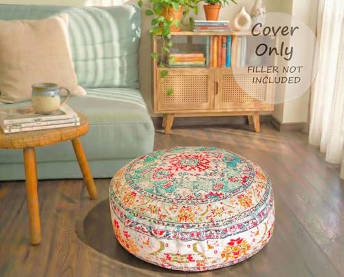 Mandala Life ART Large Floor Pillow Cover Yellow Round Pouf Ottoman Indian Floor Cushion Boho Chic Perfect Vintage Cushion for Living Room, Bedroom, Nursary or Children Room Cotton 24x8 Unstuffed - color: Yellow