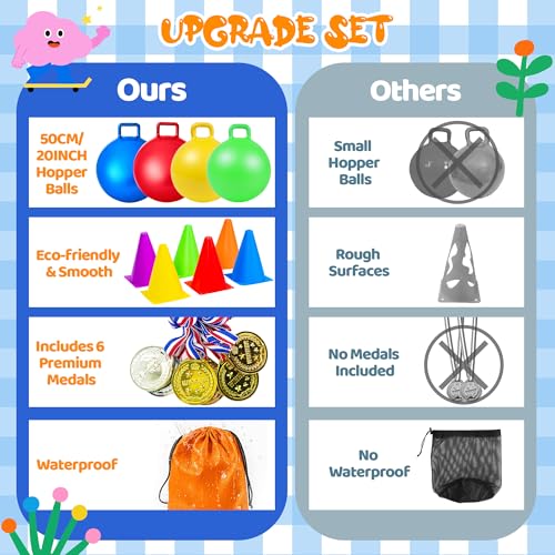 JOY SPOT! Carnival Outdoor Games Combo Set for Kids, 18 Inch Hopper Balls with Handles, Ring Toss, Bean Bags, Egg Spoon Relay Race, Fun for Backyard, Field Day, School, Birthday Parties, Family Events - style: Deluxe