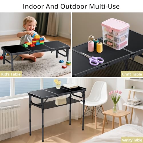 Anbte Folding Camping Table with Storage Net, 3ft Camping Table Aluminum Folding Table with 3 Adjustable Height Max 27.5 Inch Picnic Table Portable Table for Outdoor Backyard BBQ, Pure Black - color: Pure Black