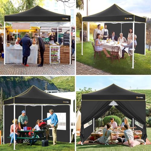 HOTEEL Canopy Tent 10x10 Heavy Duty Pop Up Canopy with Sidewalls, Commercial Instant Waterproof Tent for Vender Patio, UV 50+ with Silver Coated, Upgraded Thickened Hexagonal Legs, Black - color: Black, size: 10x10FT (+4 Walls)
