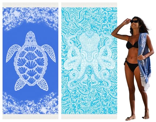 Widdonen Thin Turkish Beach Towel Lightweight Quick Dry Absorbent Cotton Bathroom Bath Pool Swim Towels Extra Large Oversized Sand Free Beach Accessories Essentials Cloud Gifts for Adult - color: 2 Pack Blue Turtle Octopus, size: X-large(79 X 36 Inches,20