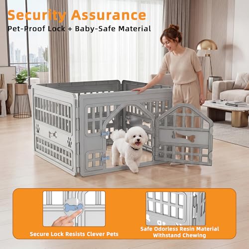 EFU Dog Playpen, 24 Inch Puppy Pet Playpen with Door, 4 Panels Exercise Pet Fence for Small Dogs Indoor Outdoor Yard, RV Camping