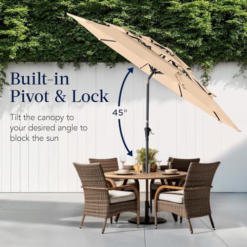 Best Choice Products 10ft 3-Tier Market Patio Umbrella, Outdoor Sun Shade with Tilt, Crank Lift, 8 Ribs for Backyard, Deck, Poolside - color: Sand