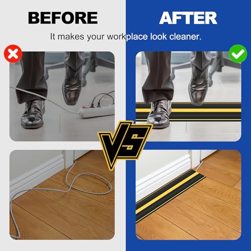 20Ft Cord Covers for Wires on Floor, 3-Channel Heavy Duty Floor Cord Cover with Anti-Slip Base & Yellow Warning Strips, Ideal for Home, Office, Outdoor Use(10Ft X 2 Rolls) - size: 10ft*2rolls