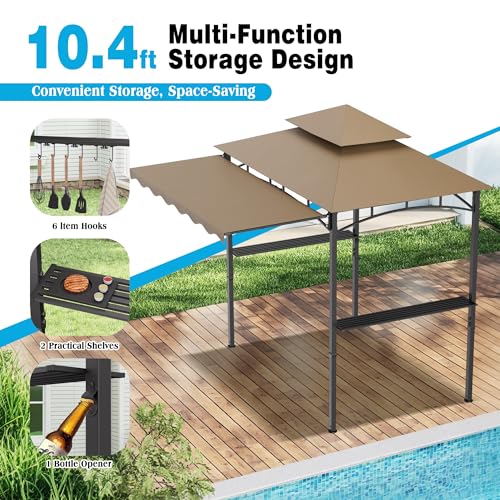 TITIMO 8'x 8' x 7.8' Double Tiered Grill Gazebo with Side Awning,Outdoor Patio BBQ Pergola, Heavy-Duty Metal Frame Canopy Tent with Side Shelves,Hooks,Bottle Opener for Lawn Deck and Garden (Khaki) - color: khaki