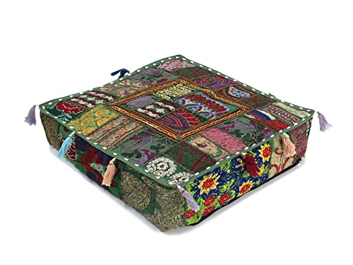Mam Treasures Indian Bohemian Decorative Pillow Vintage Cushion Cover Patchwork Square Floor Pillow Cover Meditation Cushion Large Floor Pillow Indian Cushion (Dark Green, 18 X 18 X 5 Inch) - color: Dark Green, size: 18" x 18" (Pack of 1)