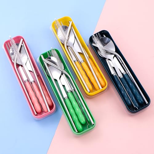 4 Colors Portable Travel Utensils with Case, Reusable Stainless Steel Cutlery Include Knife Fork Spoon Straw for Travel Camping Office