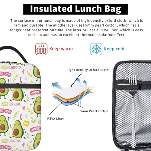 Cute Avocado Kawaii Insulated Lunch Bag Portable Reusable Zipper Lunch Box For Men Women Work Picnic Travel Camping - color: Black24