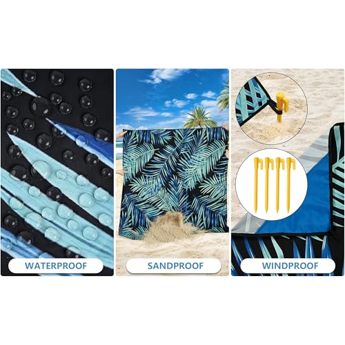 HIHOHO Beach Blanket Waterproof Sandproof Beach Mat 79”x 83” for 1-8 Adults Quick Drying Durable Outdoor Picnic Mat for Beach Festival Travel Camping Hiking (BK&GN-Palm, 79"×83"(4 Person)) - color: Bk&gn-palm, size: 6'11" x 6'7"