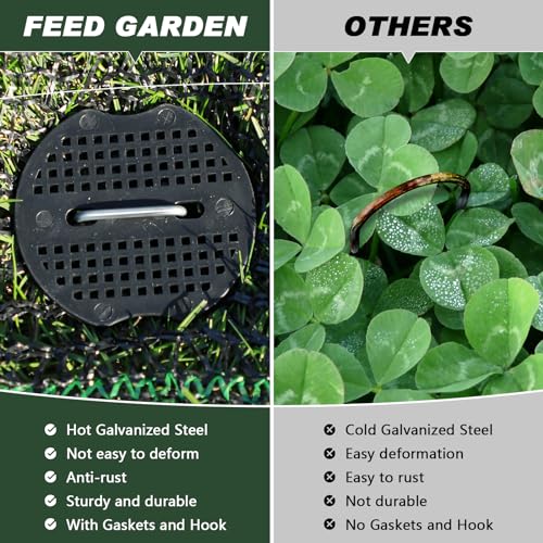 FEED GARDEN 6 Inch 50 Pcs Galvanized Landscape Staples 50 Pcs Gaskets Pick Hook Garden Stakes 11 Gauge Anti-Rust Landscaping Fabric SOD Pins U Shaped Yard Turf Stakes for Weed Barrier Fabric