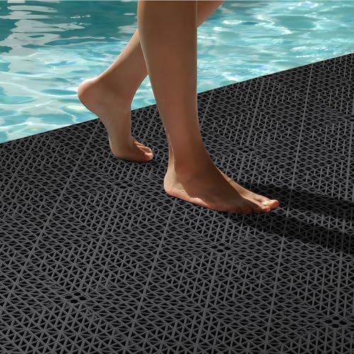 24 PCS Modular Interlocking Cushion Interlocking Floor Tiles with Hole 12 x 12 Inch Drainage Tiles Mat Non Slip Pool Deck Mat Outdoor for Drain Deck Pool Patio Shower Kitchen Balcony (Black)