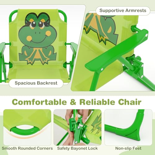 KOTEK Kids Picnic Table with Umbrella, Outdoor Table & 2 Folding Chairs, Cute Pattern Children’s Patio Furniture, Portable Kids Table and Chair Set for Backyard, Garden, Beach (Bright Green) - color: Bright Green Frog