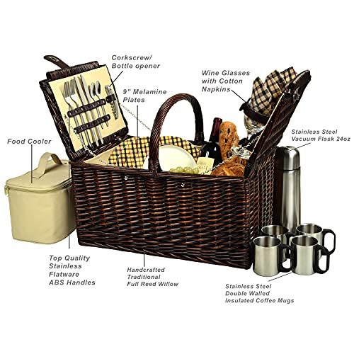 Picnic at Ascot Buckingham Willow Picnic Basket with Service for 4 and Coffee Service - Blue Stripe - color: Brown Wicker- London Plaid Plates/Napkins