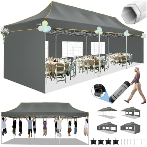 HOTEEL 10x30 Heavy Duty Pop Up Canopy Tent with 5 Sidewalls&Wheeled Bag, Commercial Event Party Tent Wedding Instant Canopy Waterproof, Upgraded Thicked Hexagonal Legs, UV 50+, Gray - color: Gray, size: 10x30FT (+5 Walls)