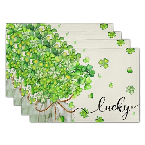 Lucky Shamrocks Placemat Set of 4, 12x18 Inch Green Clovers in Jar Holiday Linen Washable Heat Resistant Table Mats for Farmhouse Dinner Party Spring Season Decor - color: Lucky Shamrock Jar