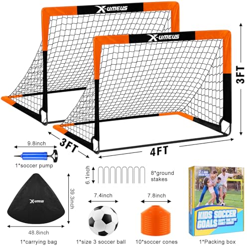 Kids Soccer Goals for Backyard Set of 2, 4 x 3 ft/6 x 4 Toddler Soccer Goal Training Equipment with Soccer Ball, Cones, Pop Up Soccer Net for Kids Age 3-5 4-6 6-8 8-12 10-12 Outdoor Games Sports Gifts - color: Orange Black, style: 4' x 3'
