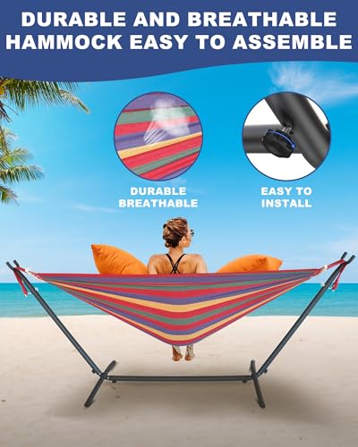 EveryFun Double Hammock with Heavy-Duty Steel Stand,Portable,Easy Assembly,600lbs Weight Capacity,Suit for Indoor,Yard,Camping,or Outdoor-Wide Red - color: Dc-wide Red