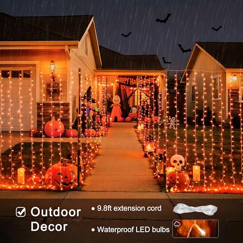 JMEXSUSS 300LED Orange Halloween Lights with Remote, 9.8x9.8ft Halloween Curtain Light, 8 Modes Orange Hanging String Lights Plug in for Fall Bedroom Thanksgiving Window Party Indoor Outdoor Decor - color: Orange, size: 300 LED