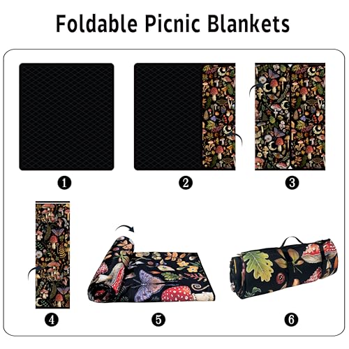 Supfitness Extra Large Picnic Blankets Waterproof Foldable (60"x 80") Mushroom Beach Blanket Waterproof Sandproof,3-Layer Thicking Mat Outdoor Packable Camping Blanket - color: Black-2, size: 5' x 6'8" (Rectangular)