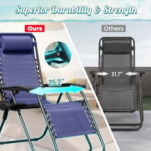 Homall Zero Gravity Chair Patio Folding Lawn Outdoor Lounge Gravity Camp Reclining Lounge Chair with Cup Holder Pillows for Poolside Backyard and Beach Set of 2 (Blue) - color: Blue, size: 2 PCS