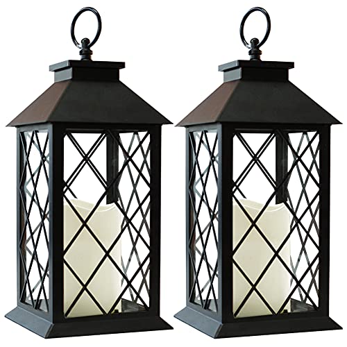2-Pack 13.5" Vintage Candle Lantern with LED Pillar Candle (Black, 6hr Timer) - IP44 Waterproof Battery Powered Decorative Light - Outdoor Patio Hanging Lantern Decorative Tabletop Light - color: [ 2-pack ] Textured Black Lantern - White Candle, size: 13.